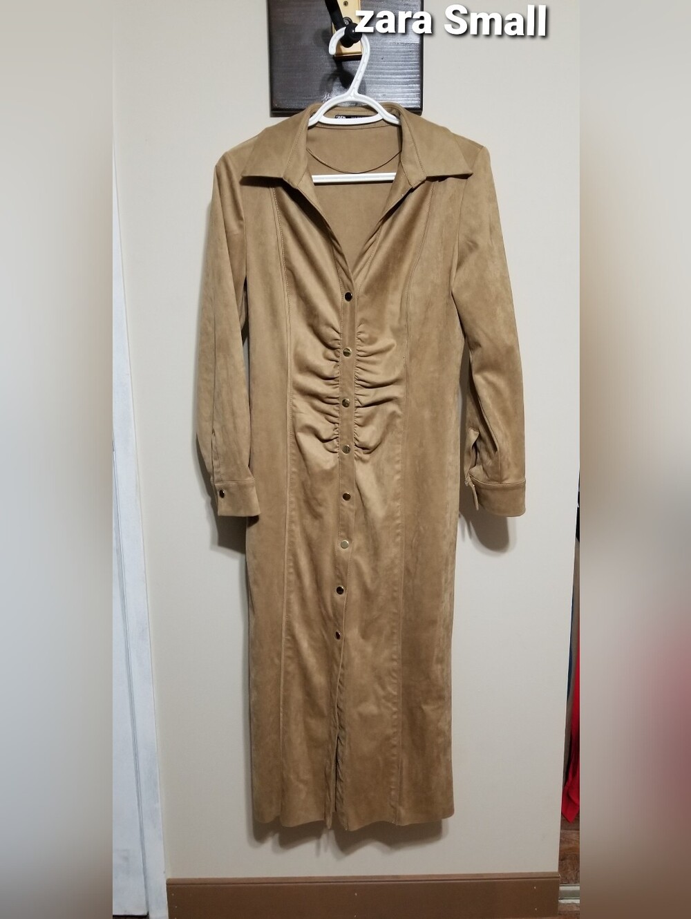 Zara Dress Tan Snap-Front- Long- Faux Suede Small
